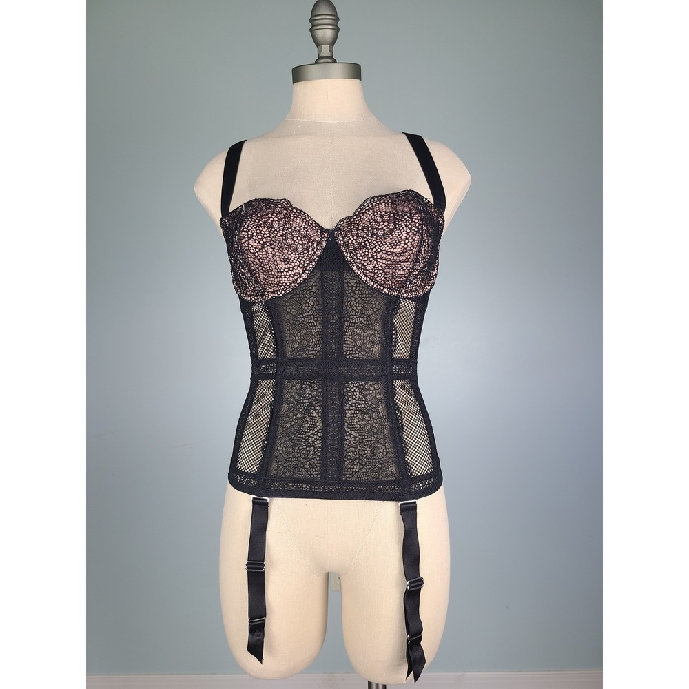 Victoria's Secret Sz 34C Corset Bustier Top Over Bust Pink Black Lace Y2K NEW